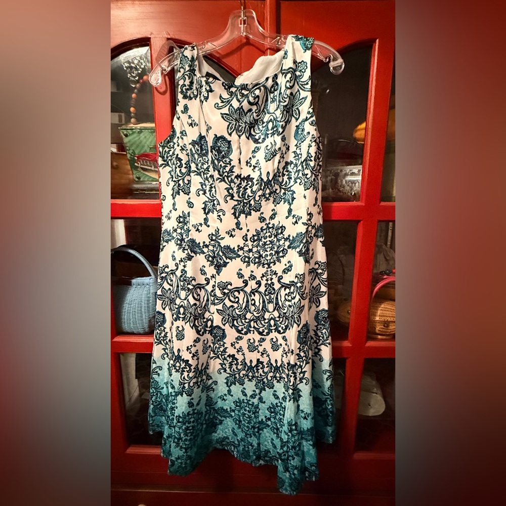 Evan Picone White Dress with Teal Floral Print Midi